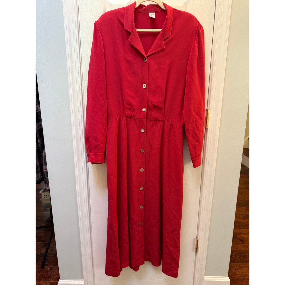Vintage Lands' End Red Silk Button Front Midi Dress Women 10 Long Sleeve classic